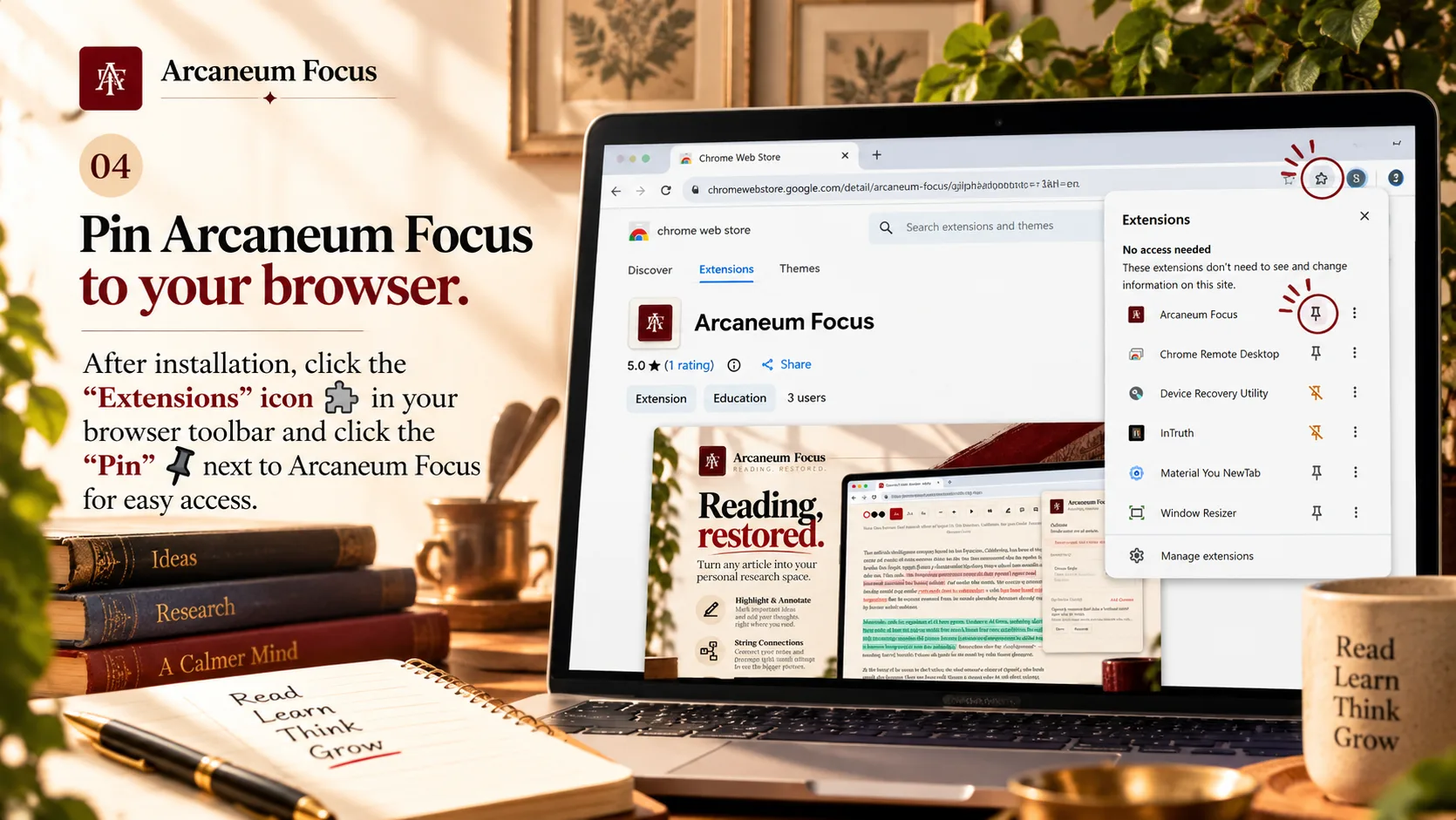 Browser Extensions panel showing Arcaneum Focus with a pin icon