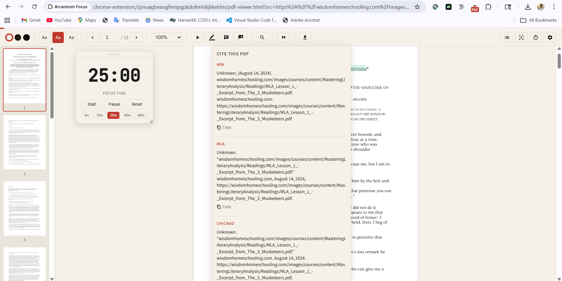 Arcaneum Focus PDF citation panel with highlighted research paper text