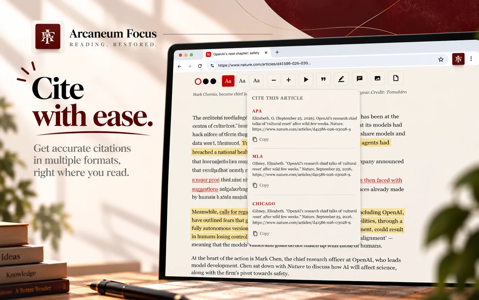 Arcaneum Focus citation panel on a PDF showing APA, MLA and Chicago formats with one-click copy buttons