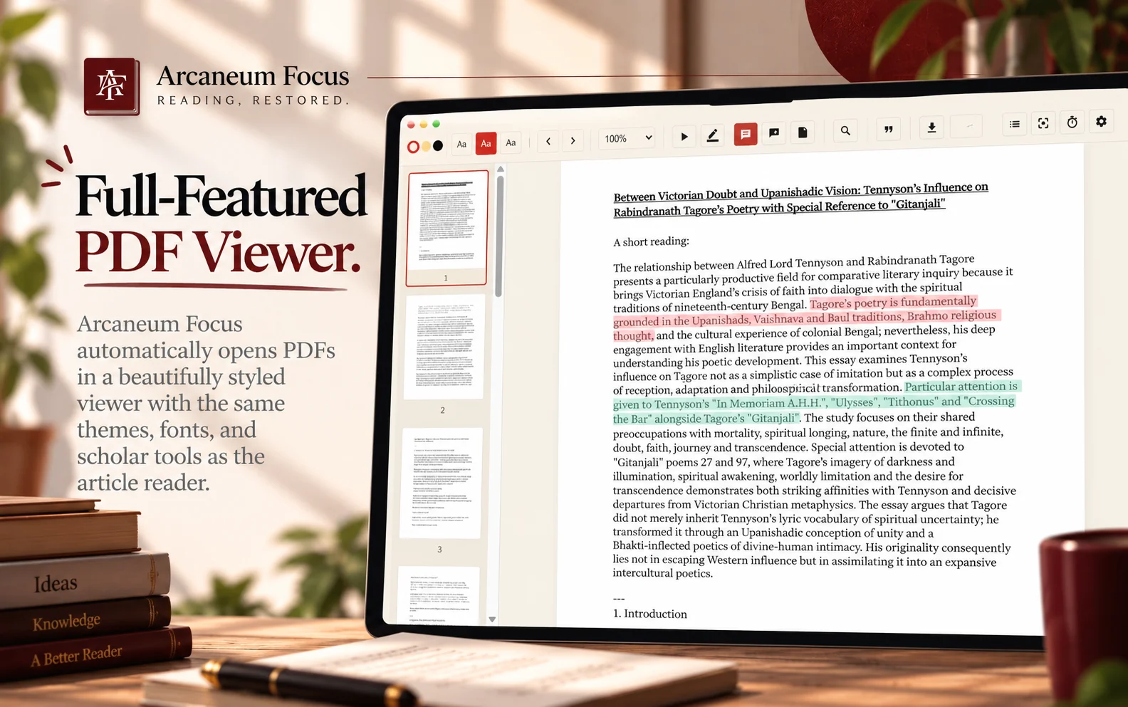 Arcaneum Focus full PDF viewer with highlighted text and reading toolbar — the same tools available on web articles