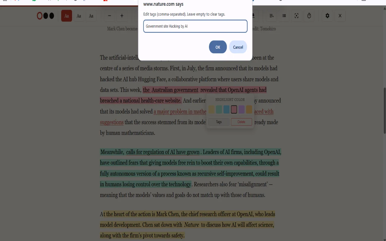 Highlight color picker showing six color swatches with Tags and Delete options on a selected text passage