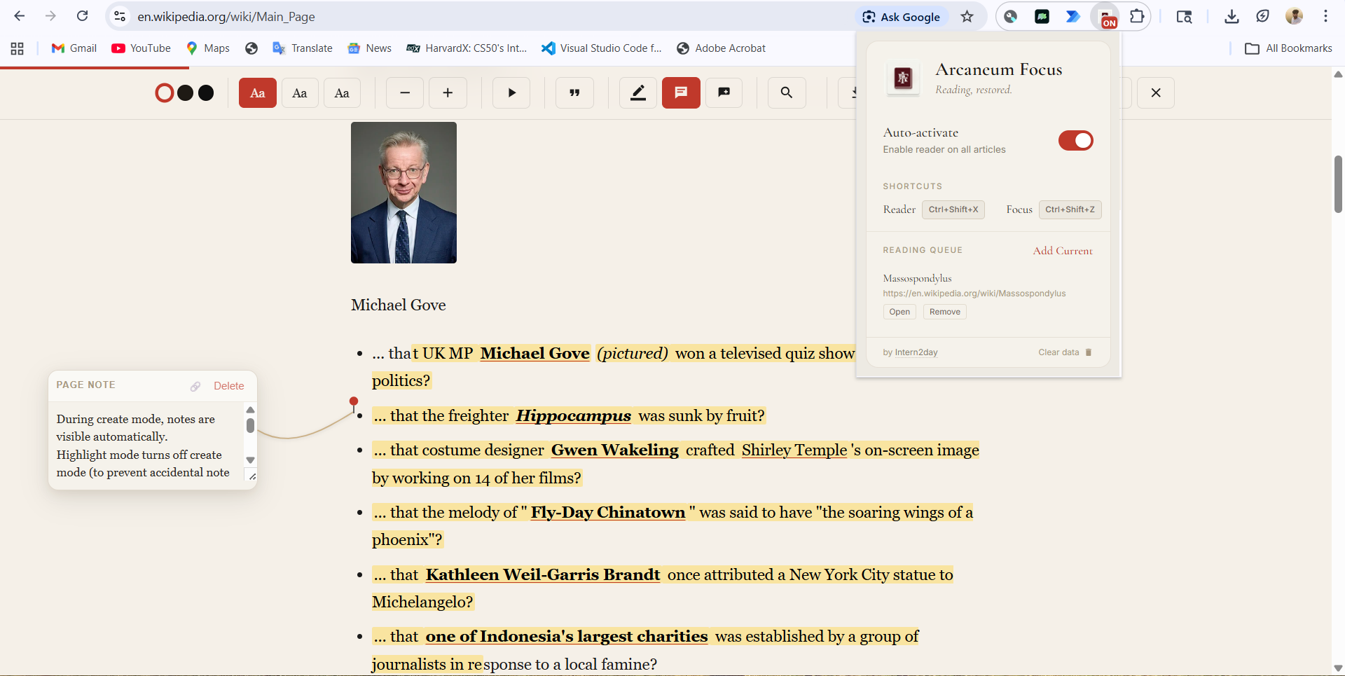 Wikipedia article with highlighted text and anchored floating note