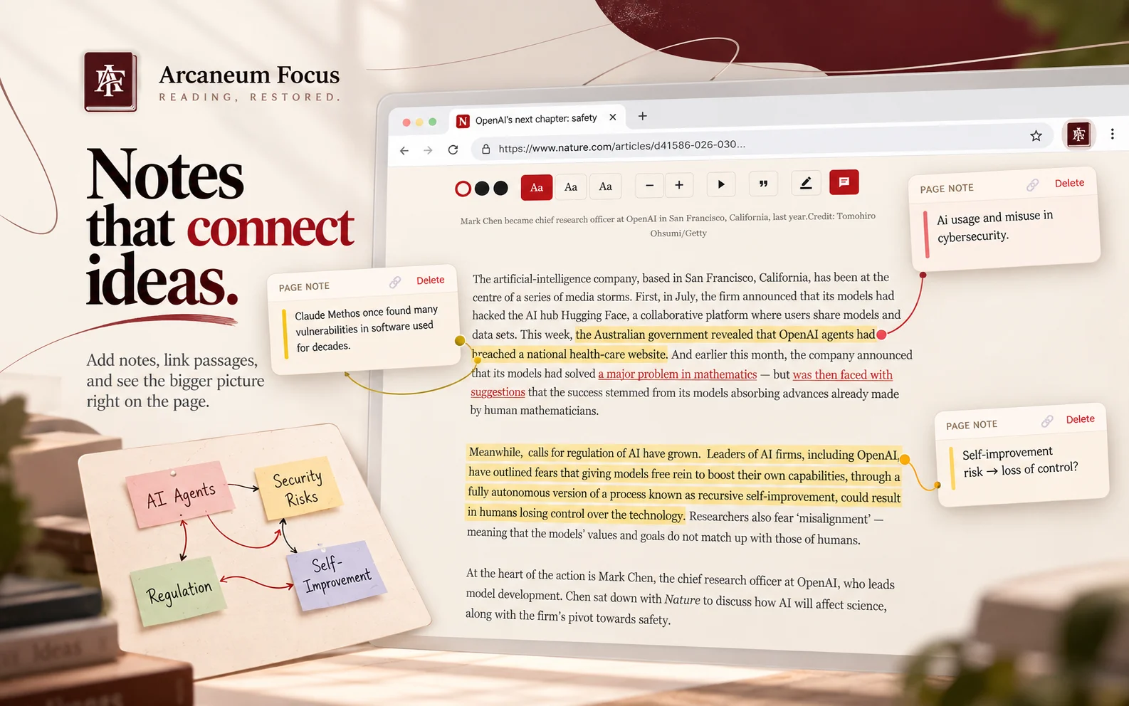 Article page with sticky notes attached to highlighted passages and string lines connecting AI Agents, Security Risks, Regulation and Self-Improvement